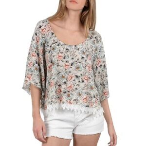 MOLLY BRAKEN Boho Floral Lace Trim Blouse With Scalloped Trim Beige Sz One Size